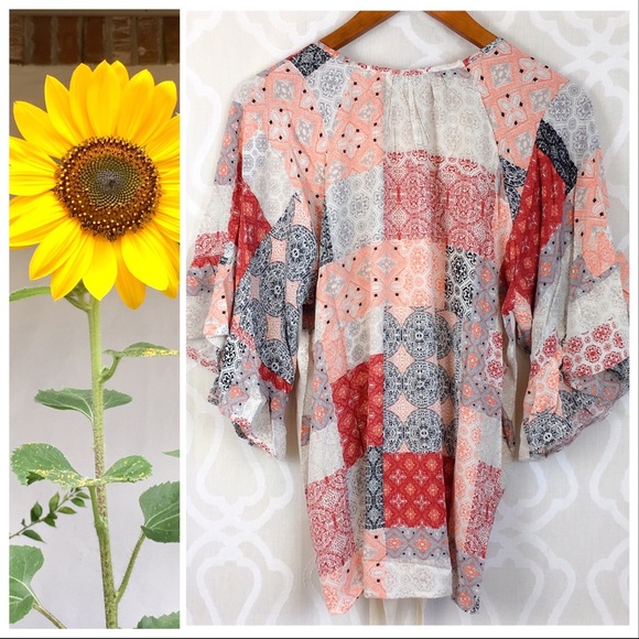 Abigail Boho Patchwork Tie Front Draped Top - Picture 6 of 8